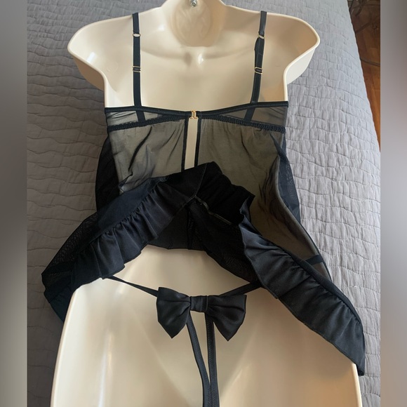 Myla black satin bow and mesh babydoll with matching thong. - Picture 7 of 12